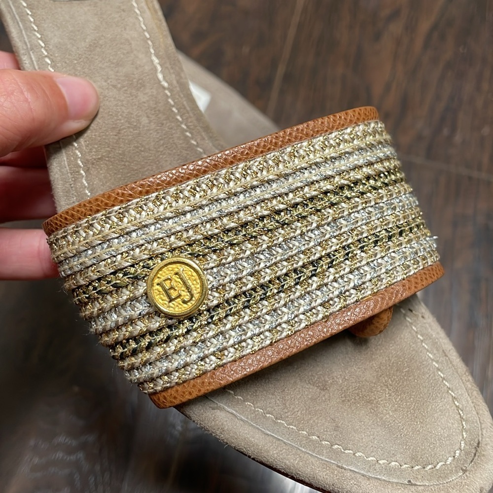 Eric Javits Tan and Gold Woven Slide Sandals - Picture 2 of 12